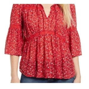 Lucky Brand Red Floral Peasant Blouse